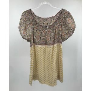 BCBG Max Azria Mixed Print Smocked Neck Short Sleeve Silk Blouse Size M